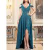 image:imageVFSHOW Womens Sexy Deep V Neck Ruched Formal Prom ALine Maxi Long Dress Cold Shoulder Cocktail High Low Slit Evening Gown