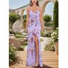 image:imageVFSHOW Womens Sexy Formal Ruched Fitted High Slit Bodycon Maxi Dress Spaghetti Strap Sweetheart Cocktail Prom Evening GownLight Purple Floral Print
