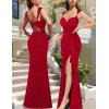 image:imageVFSHOW Womens Sexy Sweetheart Neckline Backless Ruffle Formal Prom Maxi Dress High Slit Wedding Guest Gala Evening GownSparkly Red