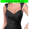 image:imageVFSHOW Womens Sweetheart V Neck Ruched Backless Prom Formal High Slit Maxi Dress 2023 Sexy Sequin Wide Strap Evening Gown