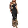 image:imageVFSHOW Womens 2025 One Shoulder Wedding Guest Bodycon Maxi Dress Sexy Off The Shoulder Fitted Formal Long Cocktail DressesBlack and Multi Floral Print