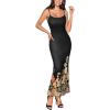 image:imageVFSHOW Womens 2025 Spaghetti Strap Cocktail Bodycon Maxi Dress Sexy Backless Scoop Neck Wedding Guest Formal Long DressesBlack and Multi Floral Print