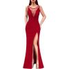image:imageVFSHOW Womens Crochet Lace Patchwork Deep V Neck Ruched Formal Prom Maxi Dress 2023 Sexy High Split Mermaid Evening Long Gown