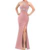 image:imageVFSHOW Womens Formal Sexy Halter High Slit Prom Wedding Guest Maxi Dress 2023 Illusion Sweetheart Neckline Evening Long GownSparkly Pink  Floral Embroidery