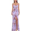 image:imageVFSHOW Womens Sexy Formal Ruched Fitted High Slit Bodycon Maxi Dress Spaghetti Strap Sweetheart Cocktail Prom Evening GownLight Purple Floral Print