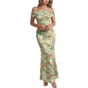 image:imageVFSHOW Womens 2025 One Shoulder Wedding Guest Bodycon Maxi Dress Sexy Off The Shoulder Fitted Formal Long Cocktail DressesGreen and Orange Floral Print