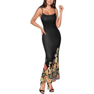 image:imageVFSHOW Womens 2025 Spaghetti Strap Cocktail Bodycon Maxi Dress Sexy Backless Scoop Neck Wedding Guest Formal Long DressesBlack and Multi Floral Print