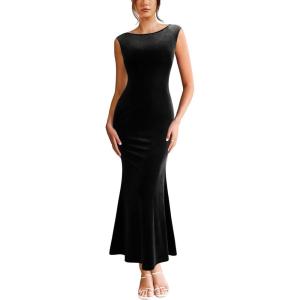 image:imageVFSHOW Womens Boat Neck Formal Bodycon Maxi Sleeveless Slim Fitted Wedding Guest Long Cocktail Mermaid DressBlack Velvet