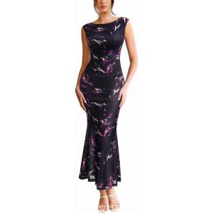 image:imageVFSHOW Womens Boat Neck Formal Bodycon Maxi Sleeveless Slim Fitted Wedding Guest Long Cocktail Mermaid DressBlack With Purple Abstract Print