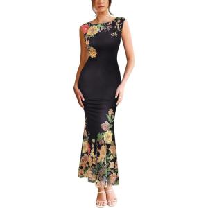 image:imageVFSHOW Womens Boat Neck Formal Bodycon Maxi Sleeveless Slim Fitted Wedding Guest Long Cocktail Mermaid DressBlack and Multi Floral Print