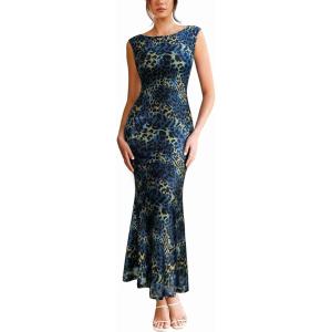 image:imageVFSHOW Womens Boat Neck Formal Bodycon Maxi Sleeveless Slim Fitted Wedding Guest Long Cocktail Mermaid DressBlue and Black Leopard Print