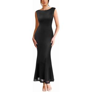 image:imageVFSHOW Womens Boat Neck Formal Bodycon Maxi Sleeveless Slim Fitted Wedding Guest Long Cocktail Mermaid DressSolid Black