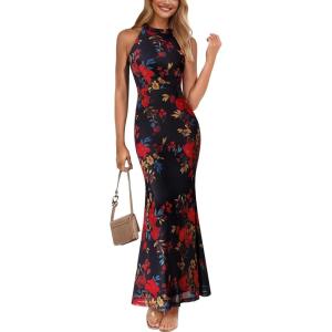 image:imageVFSHOW Womens Elegant Halter Neck Formal Bodycon Fitted Wedding Guest Long Cocktail Evening Mermaid Maxi DressBlack With Red Floral Print