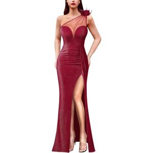 image:imageVFSHOW Womens One Shoulder Ruched Formal Prom Maxi Dress 2023 3D Flower Feather Sexy Sweetheart Neck High Split Evening Gown