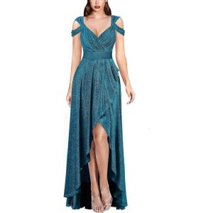 image:imageVFSHOW Womens Sexy Deep V Neck Ruched Formal Prom ALine Maxi Long Dress Cold Shoulder Cocktail High Low Slit Evening Gown