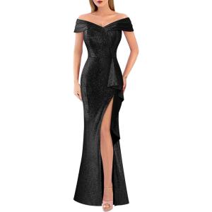 image:imageVFSHOW Womens Sexy Ruched Off Shoulder Prom Formal Wedding Guest Maxi Dress 2023 Ruffle High Split Evening Long Cocktail Gown