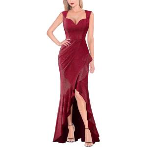 image:imageVFSHOW Womens Sexy Ruffle V Neck Ruched Formal Wedding Guest Prom Maxi Dress 2023 Sweetheart Evening Keyhole Back HILO Gown