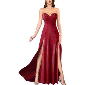 image:imageVFSHOW Womens Sexy Sweetheart Neckline Double Slit Prom Formal ALine Maxi Dress 2023 Rhinestone Spaghetti Strap Wedding Guest Sparkly Glitter Evening Long Gown Red XLarge 10811 RED XL