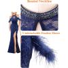 image:imageVFSHOW Womens Formal Prom Beaded Halter Neck Keyhole Maxi Dress Feather Cold Shoulder Ruffle High Slit Evening Gown