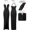 image:imageVFSHOW Womens Formal Prom Beaded Spaghetti Strap Deep V Neck Ruched Maxi Dress Sexy Tulip Split Wedding Guest Evening Gown
