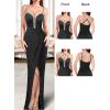 image:imageVFSHOW Womens Formal Prom Beaded Spaghetti Strap Deep V Neck Ruched Maxi Dress Sexy Tulip Split Wedding Guest Evening Gown