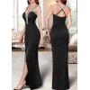 image:imageVFSHOW Womens Formal Prom Beaded Spaghetti Strap Deep V Neck Ruched Maxi Dress Sexy Tulip Split Wedding Guest Evening Gown