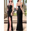 image:imageVFSHOW Womens Formal Prom Beaded Spaghetti Straps Deep V Neck Ruched Maxi Dress Sexy High Slit Wedding Guest Evening Gown