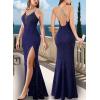 image:imageVFSHOW Womens Formal Prom Sexy Halter Deep V Neck Backless Maxi Dress Rhinestone Black Tie High Slit Evening Gown