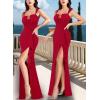 image:imageVFSHOW Womens Formal Prom Sexy Strap Ruched U Neck Ruffle Evening Gown High Slit Maxi Dress