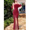 image:imageVFSHOW Womens Sexy Off Shoulder Puff Sleeve Ruched Prom Formal Maxi Dress 2023 Twist Front Tulip Faux Wrap Split Evening Gown