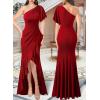 image:imageVFSHOW Womens Sexy One Shoulder Ruched Ruffle Prom Formal Maxi Dress 2023 Front Slit Wedding Guest Long Cocktail Evening Gown