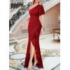 image:imageVFSHOW Womens Sexy One Shoulder Ruched Ruffle Prom Formal Maxi Dress 2023 Front Slit Wedding Guest Long Cocktail Evening Gown