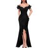 image:imageVFSHOW Womens 3D Flower Off Shoulder Ruched Ruffle Slit Formal Prom Maxi Dress 2023 Sexy Sweetheart V Neckline Mermaid Gown