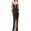 image:imageVFSHOW Womens Formal Prom Beaded Spaghetti Strap Deep V Neck Ruched Maxi Dress Sexy Tulip Split Wedding Guest Evening Gown