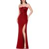 image:imageVFSHOW Womens Formal Prom Beaded Spaghetti Strap Ruffle Ruched Maxi Dress Sexy High Slit 3D Flower Wedding Guest Evening Gown