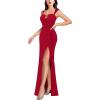 image:imageVFSHOW Womens Formal Prom Sexy Strap Ruched U Neck Ruffle Evening Gown High Slit Maxi Dress