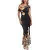 image:imageVFSHOW Womens Off The Shoulder Wedding Guest Maxi Long Dress 2026 Sexy Mesh One Shoulder Formal Cocktail Bodycon DressesBlack and Multi Floral Print