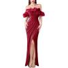 image:imageVFSHOW Womens Sexy Off Shoulder Puff Sleeve Ruched Prom Formal Maxi Dress 2023 Twist Front Tulip Faux Wrap Split Evening Gown