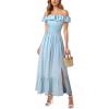 image:imageVFSHOW Womens Summer Wedding Guest Dress Formal Off Shoulder Sleeveless A Line Flowy Long Maxi Dress with PocketsLight Blue
