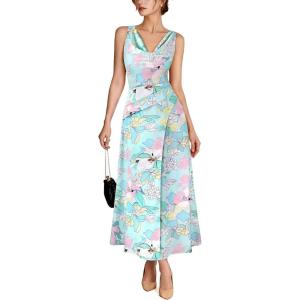 image:imageVFSHOW Womens Cocktail Cowl Neck Dress Casual Wedding Guest Sleeveless Belted Long Fit and Flare A Line Dresses with PocketBlue Floral