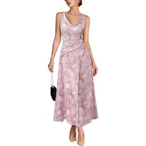 image:imageVFSHOW Womens Cocktail Cowl Neck Dress Casual Wedding Guest Sleeveless Belted Long Fit and Flare A Line Dresses with PocketPink Floral