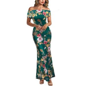 image:imageVFSHOW Womens Off The Shoulder Wedding Guest Maxi Long Dress 2026 Sexy Mesh One Shoulder Formal Cocktail Bodycon DressesDark Green Floral Print
