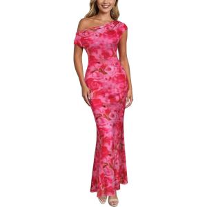 image:imageVFSHOW Womens Off The Shoulder Wedding Guest Maxi Long Dress 2026 Sexy Mesh One Shoulder Formal Cocktail Bodycon DressesPink Floral Print