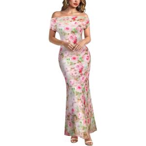 image:imageVFSHOW Womens Off The Shoulder Wedding Guest Maxi Long Dress 2026 Sexy Mesh One Shoulder Formal Cocktail Bodycon DressesPink Floral Printb