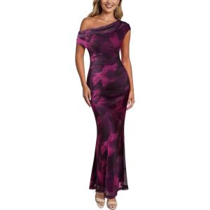 image:imageVFSHOW Womens Off The Shoulder Wedding Guest Maxi Long Dress 2026 Sexy Mesh One Shoulder Formal Cocktail Bodycon DressesPurple Floral Print