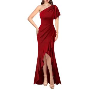 image:imageVFSHOW Womens Sexy One Shoulder Ruched Ruffle Prom Formal Maxi Dress 2023 Front Slit Wedding Guest Long Cocktail Evening Gown