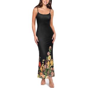 image:imageVFSHOW Womens Summer Spaghetti Strap Bodycon Maxi Long Dress 2026 Sexy Beach Wedding Guest Vacation Date Night Slip DressesBlack and Multi Floral Print