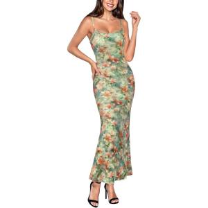 image:imageVFSHOW Womens Summer Spaghetti Strap Bodycon Maxi Long Dress 2026 Sexy Beach Wedding Guest Vacation Date Night Slip DressesGreen and Orange Floral Print