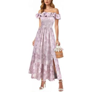 image:imageVFSHOW Womens Summer Wedding Guest Dress Formal Off Shoulder Sleeveless A Line Flowy Long Maxi Dress with PocketsLight Purple