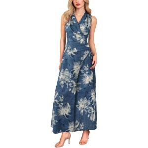 image:imageVFSHOW Womens Wedding Guest Dress Wrap V Neck Pocket Business Cocktail Sleeveless Belted Long Fit and Flare A Line DressesBlue Demin Floral